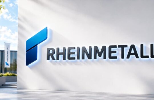 Exterior wall displaying Rheinmetall logo: blue geometric symbol and bold 'RHEINMETALL' lettering on a white facade.