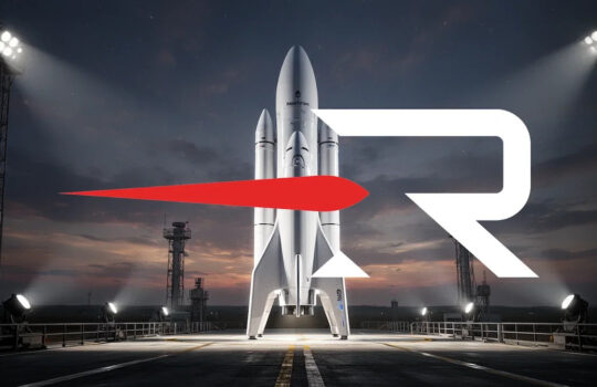Three rockets stand upright on a launch pad at night, with a large white R logo and a red flame-like streak across the center.