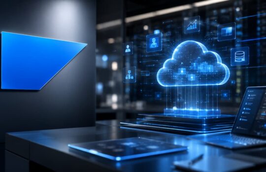 Futuristic cloud computing concept: glowing blue cloud hologram above a desk with servers and a laptop, connected data icons around it.
