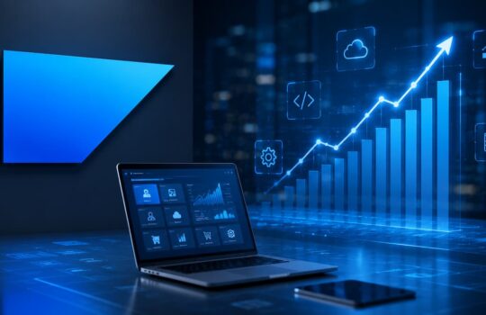 Laptop on a desk with a holographic upward-trending chart and icons (cloud, code, settings) conveying data analytics in a futuristic blue design.