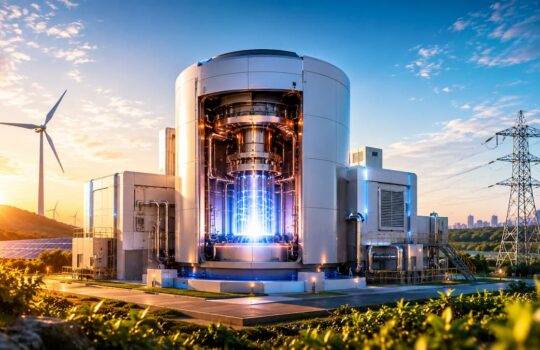 Industrial energy facility with a cylindrical reactor core glowing blue, wind turbine on the left, and a power transmission tower on the right at sunset.