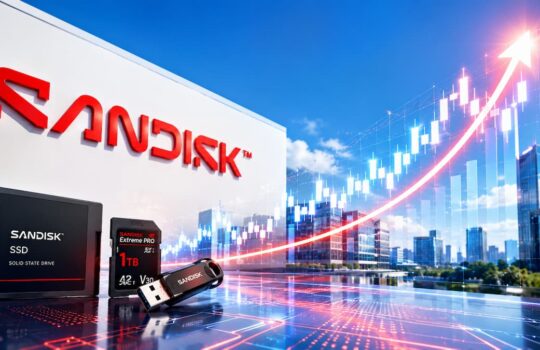 Sandisk SSD, memory card, and USB drive displayed in foreground with a modern cityscape and rising stock chart in the background, symbolizing storage performance growth.
