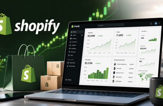 Shopify dashboard on a laptop screen with green charts, surrounded by Shopify-branded bags and boxes.