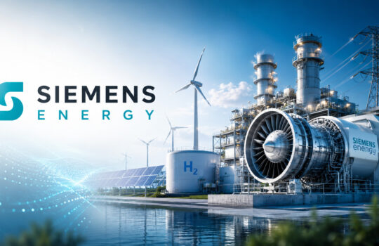 Siemens Energy branding beside a modern energy plant with a large turbine, wind turbines, solar panels, and a hydrogen tank.