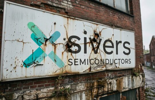 Rusty billboard reading 'Silvers Semiconductors' with a teal X logo on a brick wall, a deserted industrial street in the background.