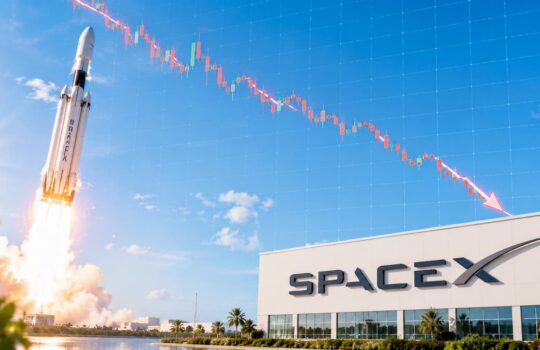 Rocket launch at a SpaceX facility as a stock-chart overlay trends downward across the blue sky.