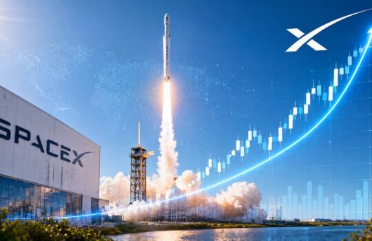 Rocket launch at a SpaceX site with a blue upward-trending stock chart overlay on the sky.”,