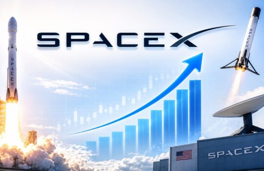 SpaceX launch scene with two rockets lifting off, a satellite dish, and a rising bar chart showing growth ascent.