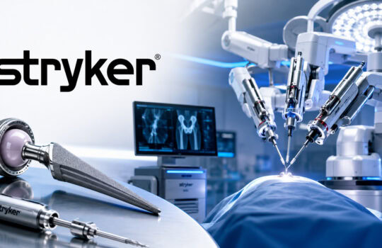 Stryker robotic surgical system with multiple arms performing surgery in an operating room.