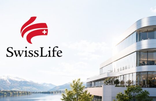 Swiss Life logo with a red emblem and the name on a bright sky, beside a modern glass office by a lake and mountains in the background.