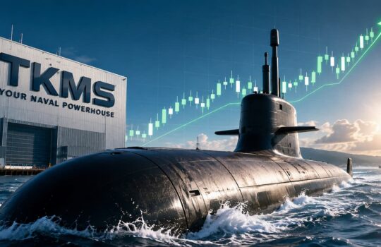 Submarine gliding at sea beside the TKMS shipyard building with an upward stock chart overlay in the sky.