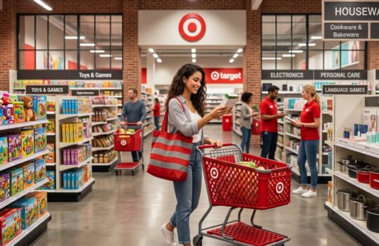 Woman in a Target aisle reads a product while pushing a red shopping cart, with toys nearby**.
