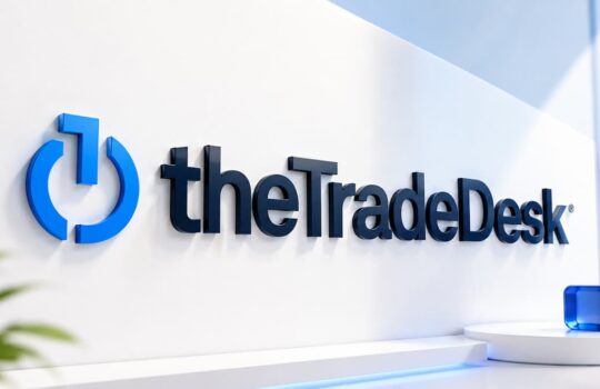 The Trade Desk logo on a white wall, featuring a blue circular icon and bold navy wordmark