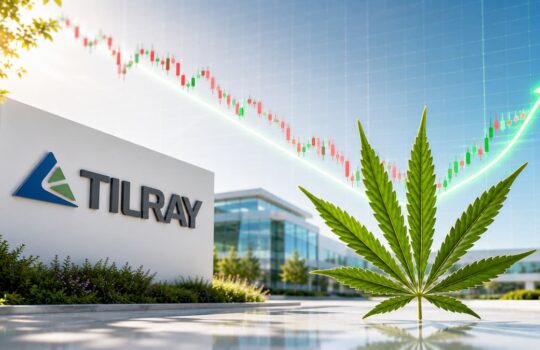 Tilray branding on a sign beside a large cannabis leaf with a rising stock chart in the background.