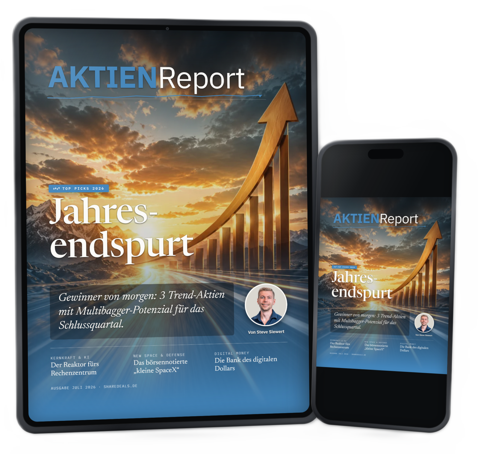 Two tablets showing the cover of AKTIEN Report with a blue and white title, a rising arrow, and a sunset skyline suggesting a year-end stock market theme (Jahresendspurt).