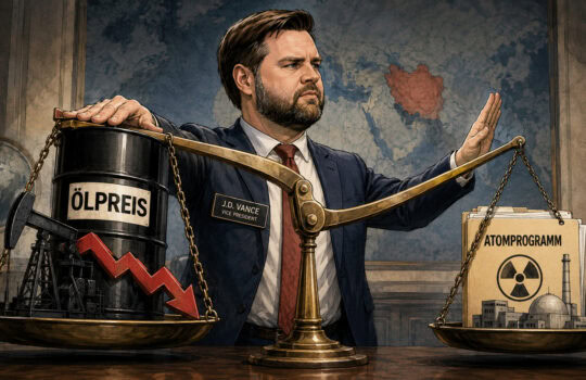 Political cartoon: a suited man with badge J.D. Vance balances oil price on the left with a downward arrow against an Atomprogramm file on the right, symbolizing energy policy.