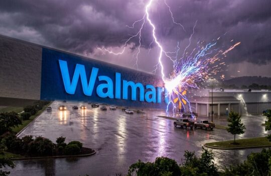 Walmart store exterior during a thunderstorm; a bright lightning bolt strikes near the entrance, reflected on the wet parking lot.