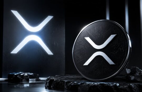 Shiny XRP cryptocurrency coin on a dark surface with a large glowing Ripple logo in the background