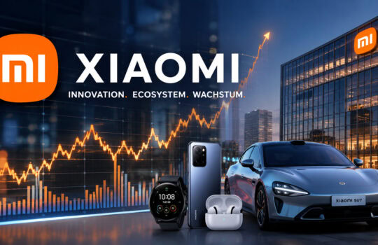 XIAOMI branding with orange logo and skyline, foreground showing a smartwatch, smartphone, wireless earbuds, and a blue sports car.