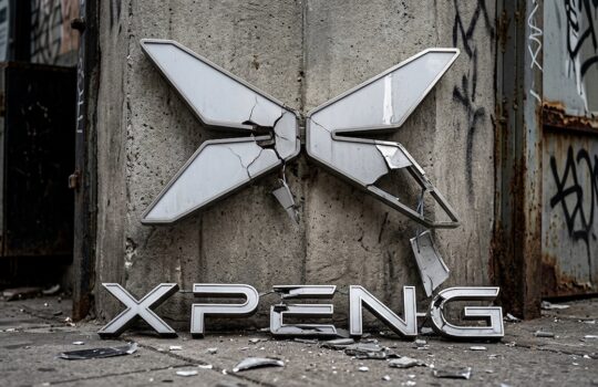 Broken X logo leaning against a graffiti-covered concrete wall with the letters XPENG on the ground