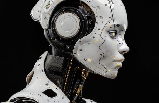 A white robot is standing in front of a black background