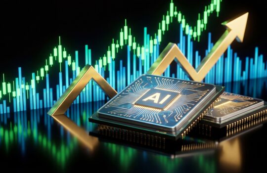 AI microchips with circuit patterns on a reflective surface and a rising neon stock chart in the background.