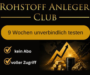 Promo-Banner für Rohstoff Anleger Club: 9 Wochen unverbindlich testen; Goldbarren und Aufwärts-Charts, mit den Hinweisen 'kein Abo' und ''voller Zugriff''