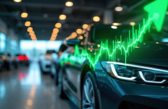 Car showroom with a blue sedan in focus and a neon green upward-trending stock chart overlay.
