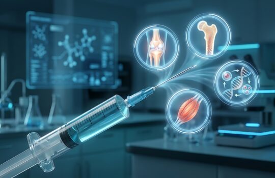 Syringe in a clinical lab with circular holographic icons of knee joint, bone, muscle, DNA, and cells.