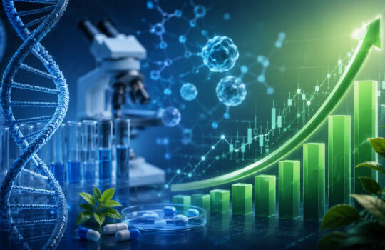 Biotech lab scene with a DNA double helix, microscope, pills and a large green upward-trending chart symbolizing growth in biotech research or pharma investments.