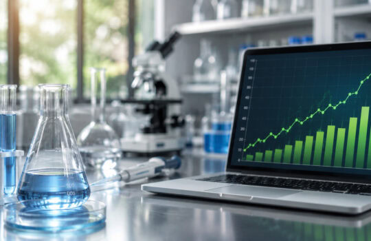 Lab bench with glassware and a laptop showing a rising green bar chart and line graph, indicating research growth or data analysis progress.