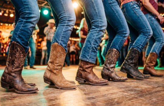 Line of people wearing jeans and cowboy boots dancing on a wooden floor at a country-style event, colorful lights in the background