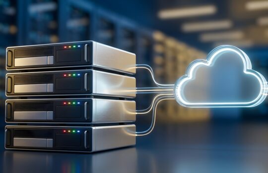 Stack of server racks connected to a glowing cloud icon, illustrating cloud storage and data center connectivity.