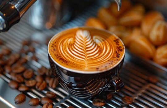 Cup of coffee with a leaf-shaped latte art in a black mug, on a metal espresso machine tray with coffee beans and pastries nearby.