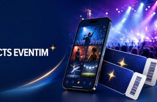 Smartphone shows a concert app with performer thumbnails beside two event tickets on a blue stage background and CTS Eventim branding.