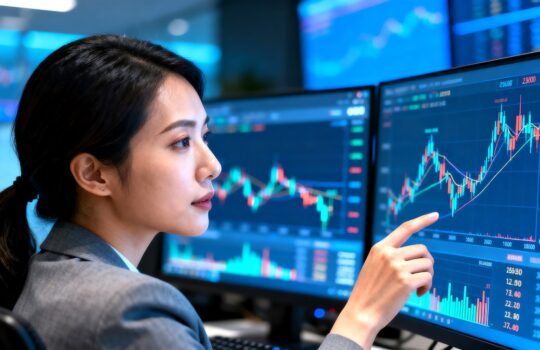 Woman in a business suit analyzes stock charts on multiple monitors in a blue-lit trading room, pointing at a graph.