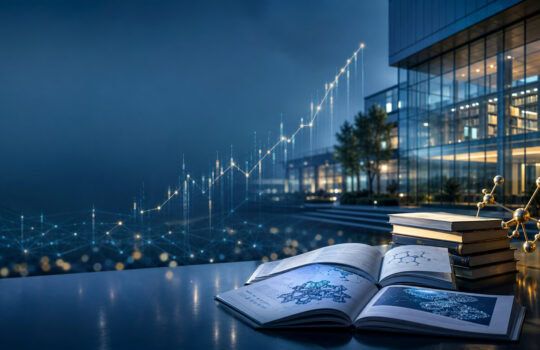 Open science desk with notebooks and a stack of books outside a glass-walled building, overlaid with digital network lines and charts indicating data and research.