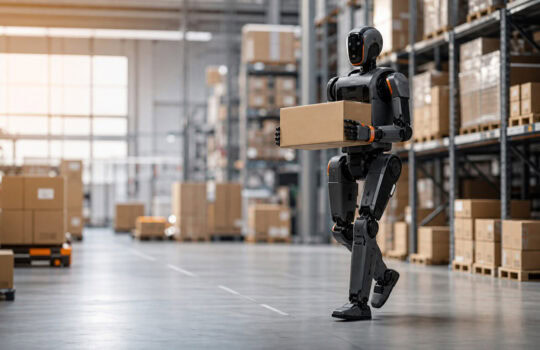 Humanoid robot carrying a cardboard box in a warehouse with tall shelving and stacked crates in the background.