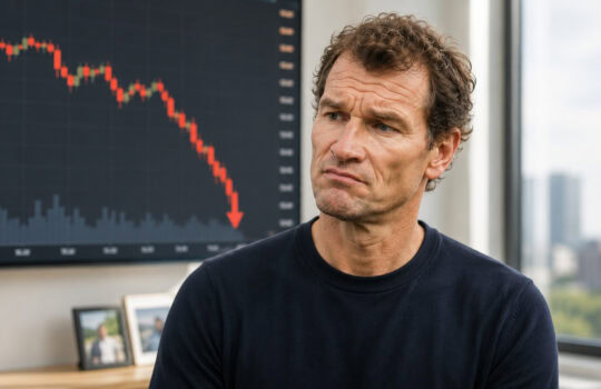 Man looks concerned while watching a large downward-trending stock chart on a screen beside him in an office.