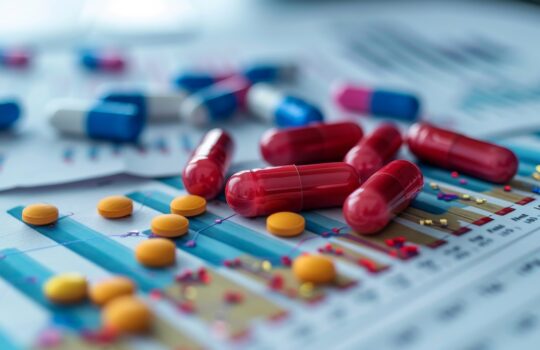 Assorted red capsules and yellow tablets scattered over a medical chart with graphs and data
