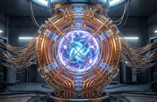 Futuristic power reactor with a glowing blue portal at the center, copper coils and cables in a lab setting.