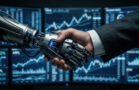 Robotic prosthetic hand shaking a human hand in front of multiple monitors displaying stock charts and data signals.