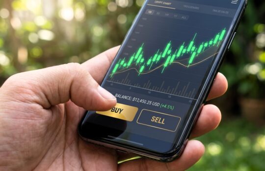 Hand holding a smartphone showing a stock trading app with green candlesticks and the Buy and Sell buttons visible.