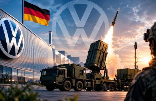 Missile launcher fires a rocket near a Volkswagen building with a German flag overhead .