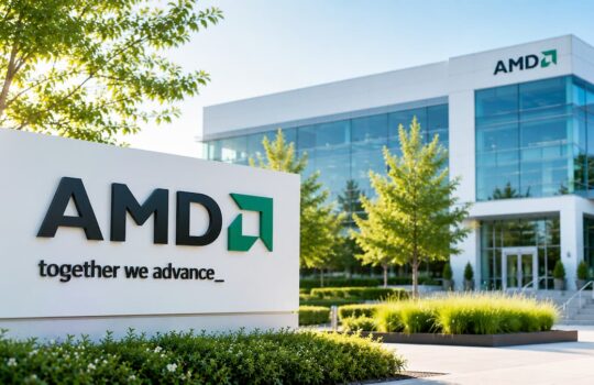 Exterior view of a modern AMD office building with a large sign reading 'AMD' and 'together we advance' in the foreground.
