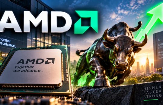 AMD logo with a metallic processor, 'together we advance' slogan, and a charging bull against a cityscape at sunset, symbolizing performance gains.