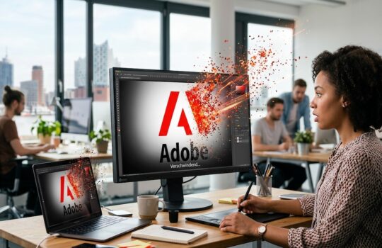 Designer at a shared desk editing an Adobe project on a large monitor with red particle effects, in a bright open office.