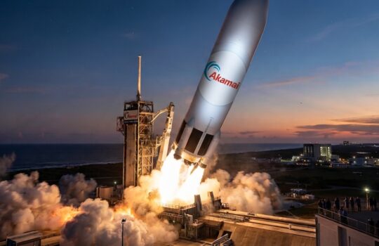 Rocket launch at dusk with a large white booster labeled Akamai lifting off from a coastal launchpad as smoke erupts around the pad.