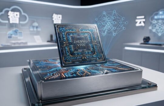 Close-up of a high-tech processor labeled 'ZHENWU V900' resting on a metallic tray, with blue circuitry patterns and a futuristic lab backdrop.