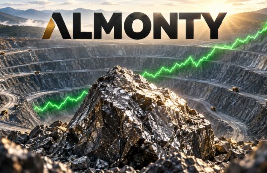Open-pit mine with a bright neon green upward stock line and the ALMONTY logo above.